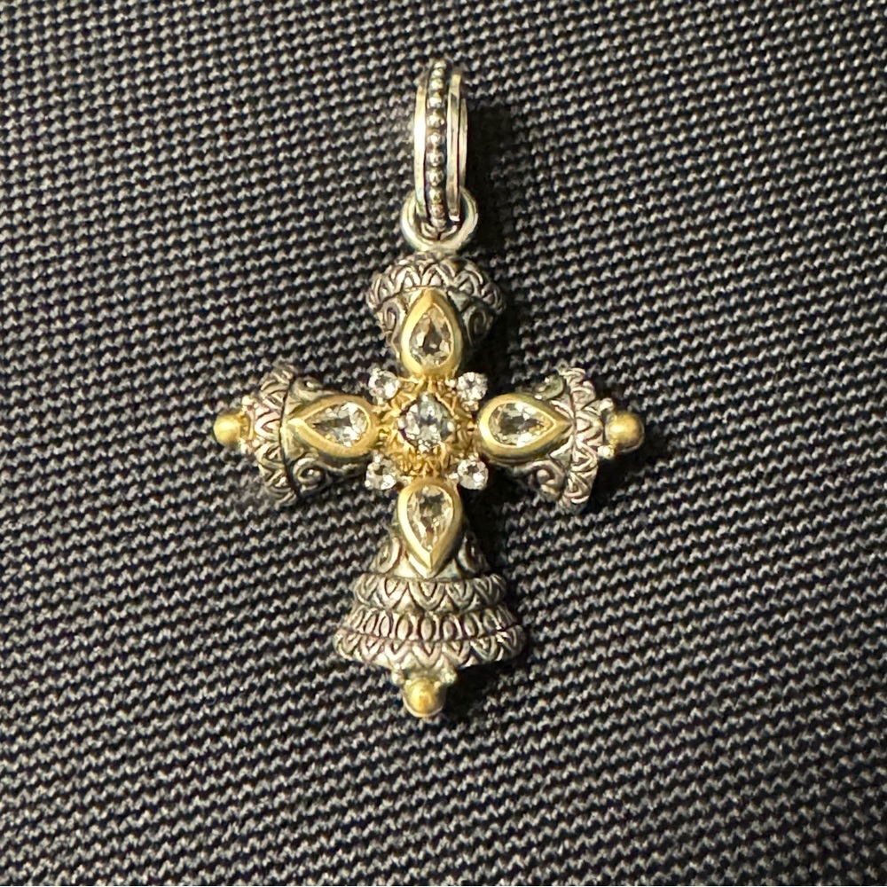 Barbara Bixby cross pendant, sterling silver 18k gold accents and white topaz